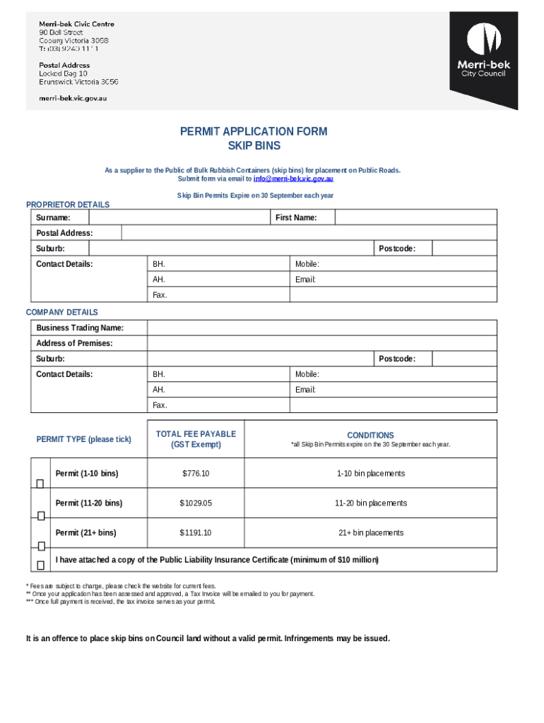 permit application skip bins Doc Template pdfFiller