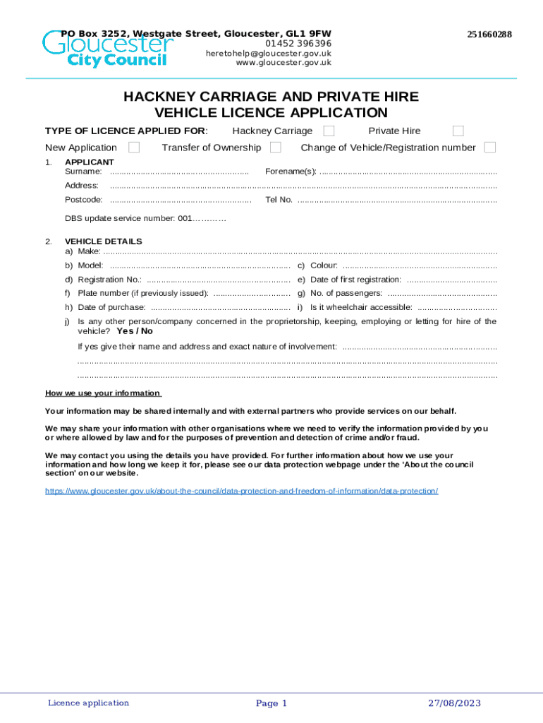 hackney carriage and private hire vehicle licence application Doc