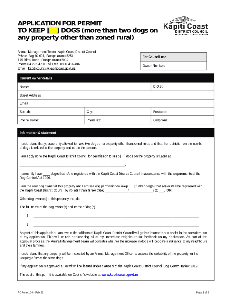 Application for permit to Keep three or more dogs Doc Template pdfFiller