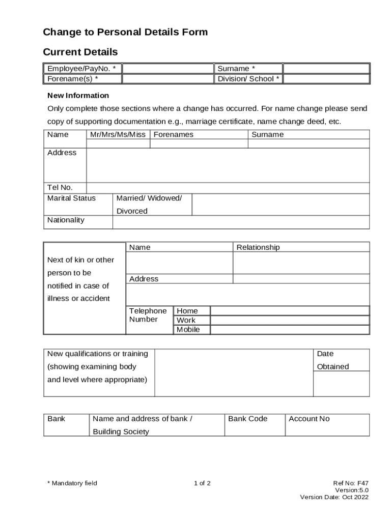 Change to Personal Details . Change to Personal Details Doc Template