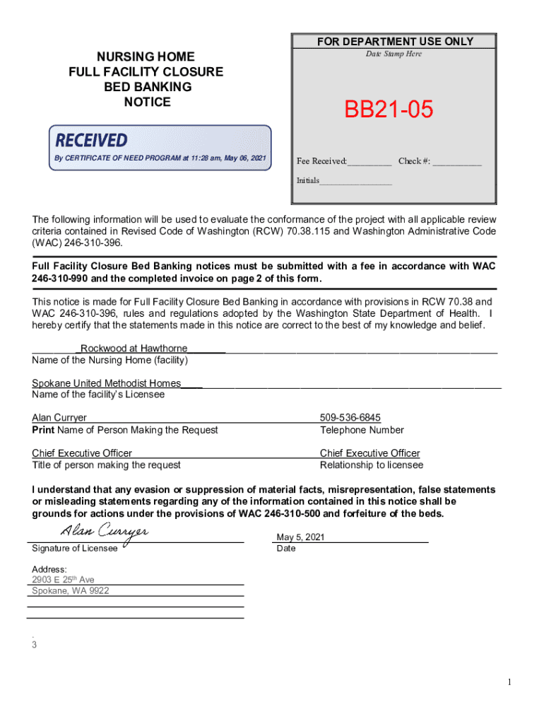 Fillable Online doh wa Bed Banking 2105. BB215, Bed Banking, Full Facility Closure, Rockwood