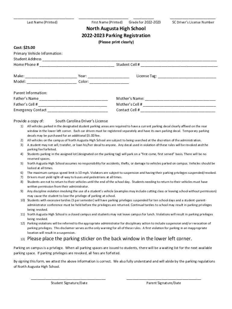 Fillable Online North Augusta High School 20222023 Parking