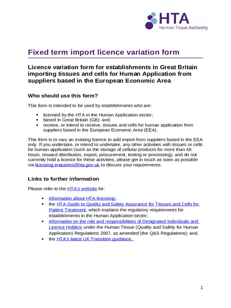 HTA-FOR-035 Licence Variation Importing into GB from EEA Doc Template ...