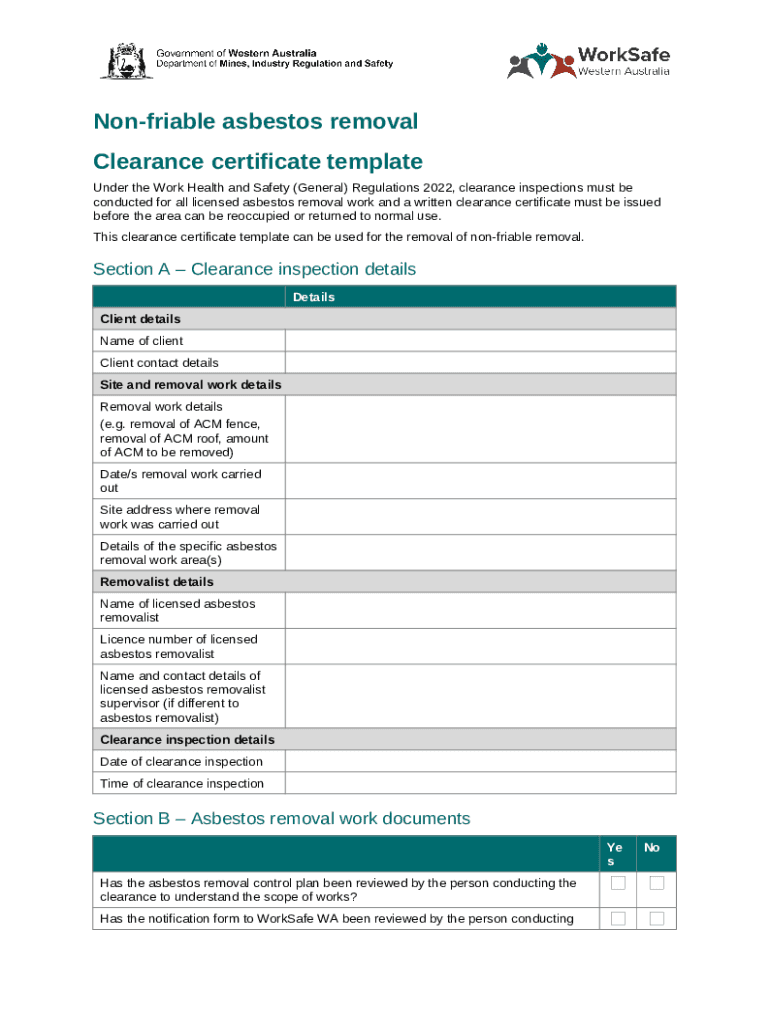 Non friable asbestos removal Clearance certificate template Doc