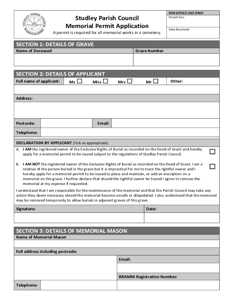 Fillable Online Studley Parish Council Memorial Permit Application Fax