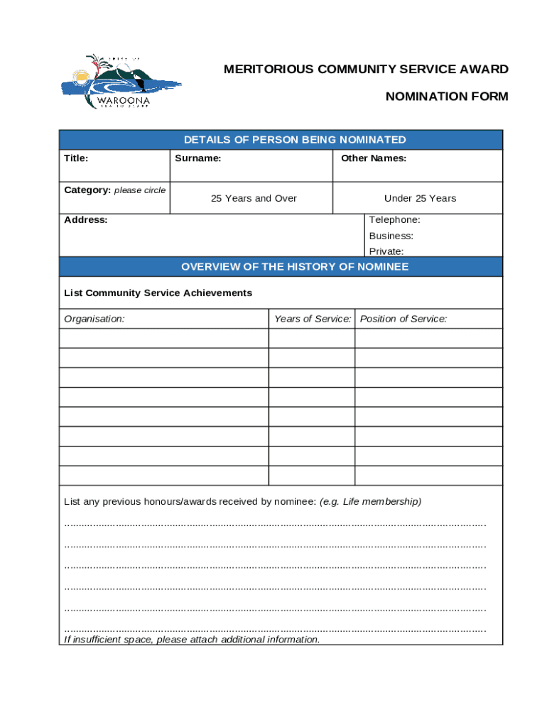meritorious community service award nomination Doc Template pdfFiller