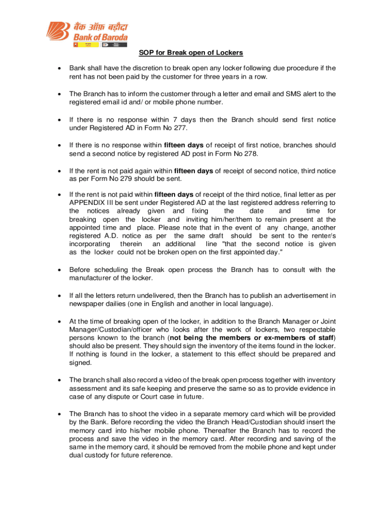 Fillable Online Safe Deposit Locker / Safe Custody Article Table of
