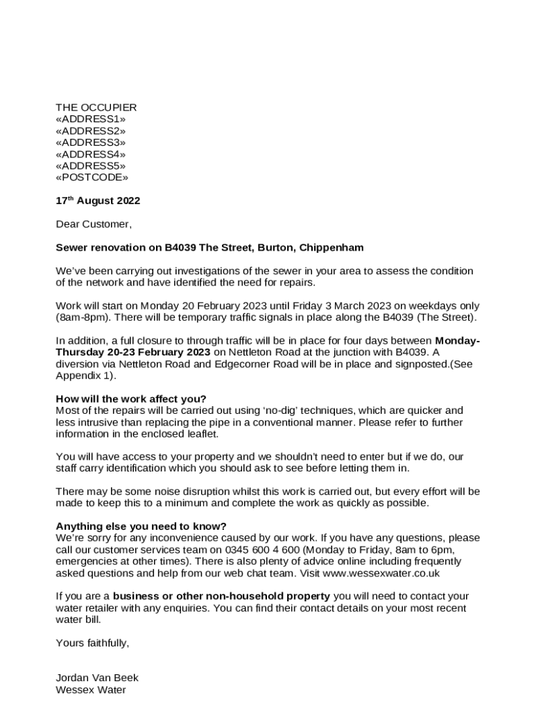 Letter template sewer renovation Doc Template pdfFiller