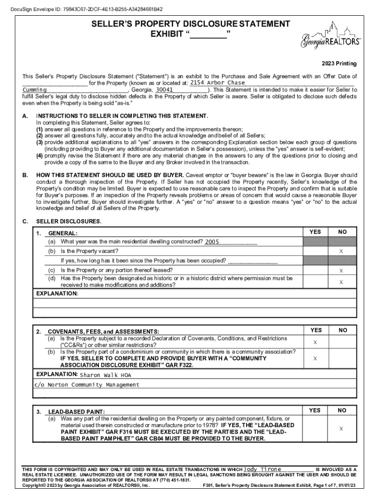 Fillable Online SELLER'S PROPERTY DISCLOSURE STATEMENT EXHIBIT
