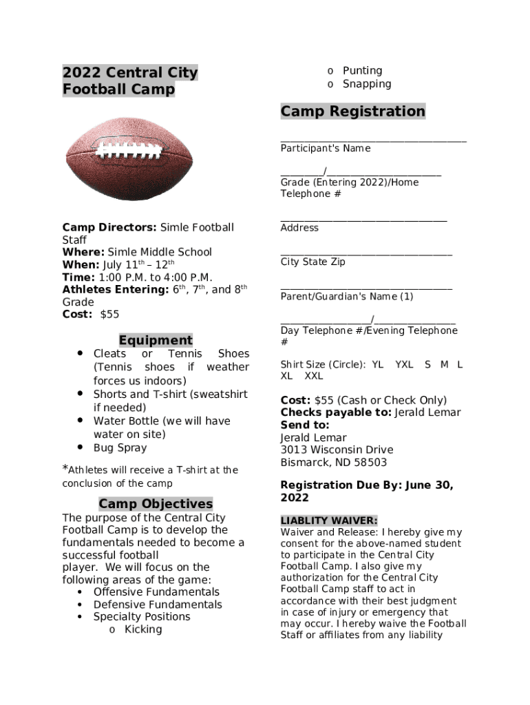 Central City Football Camp Objectives Doc Template pdfFiller