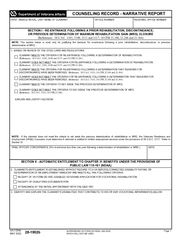 VA Form 28-1902b Counseling Record-Narrative Report Preview on Page 1