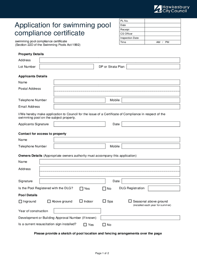 Fillable Online Application for Swimming Pool Compliance Certificate