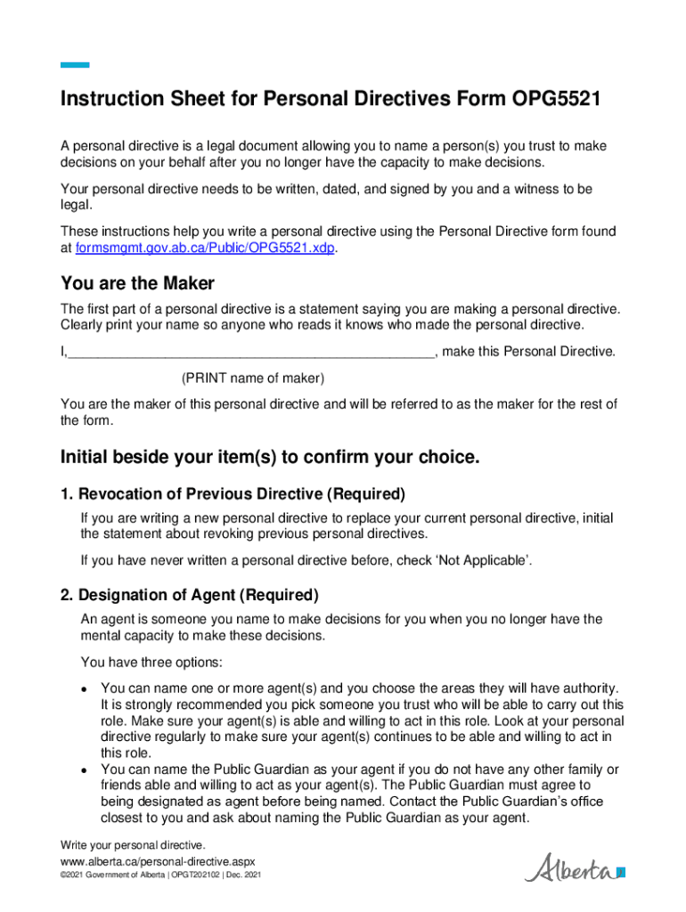 Fillable Online Instruction Sheet for Personal Directives Form OPG5521