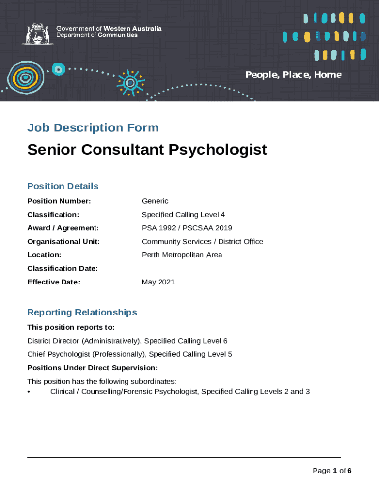Job Description Senior Consultant Psychologist Position Doc
