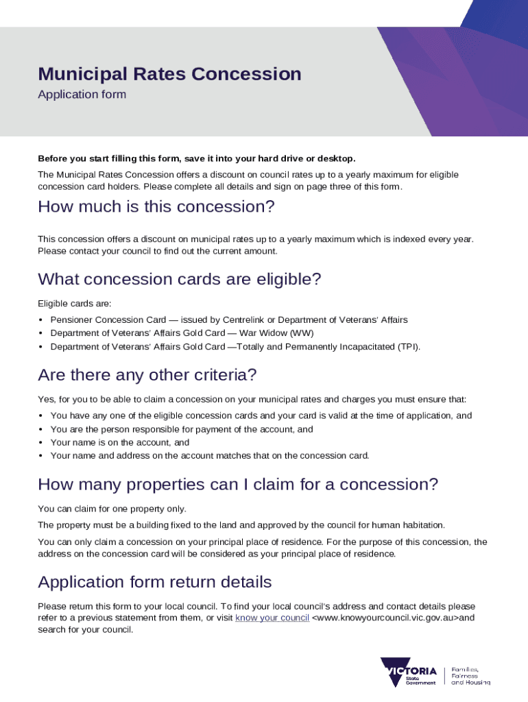 Municipal Rates Concession application . Municipal Rates Concession