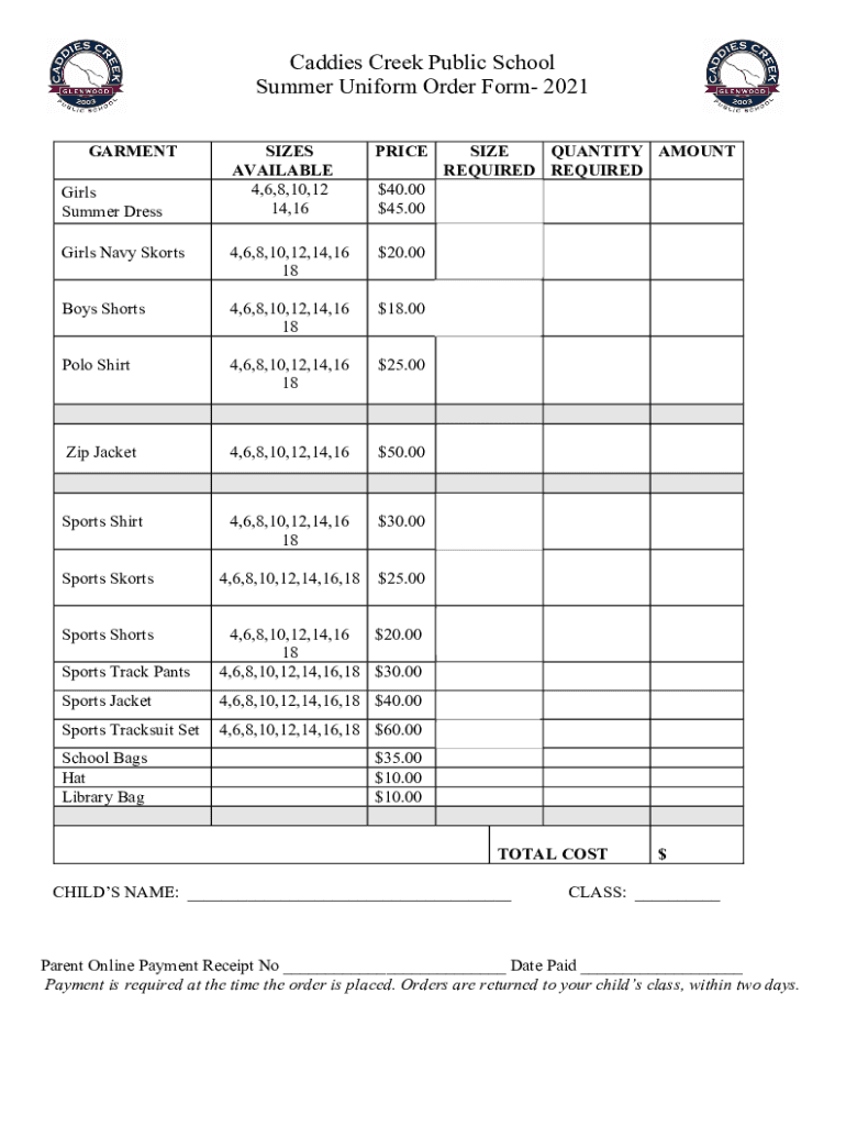 Fillable Online Caddies Creek Public School Summer Uniform Order Form