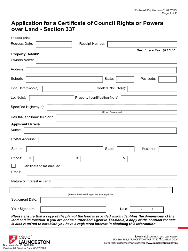 Fillable Online Application for Council Certificates 132 and/or 337