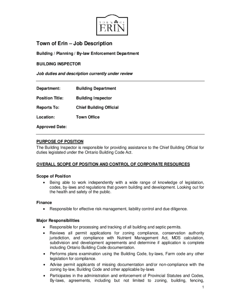 Fillable Online Town of Erin Building Inspector Job description and