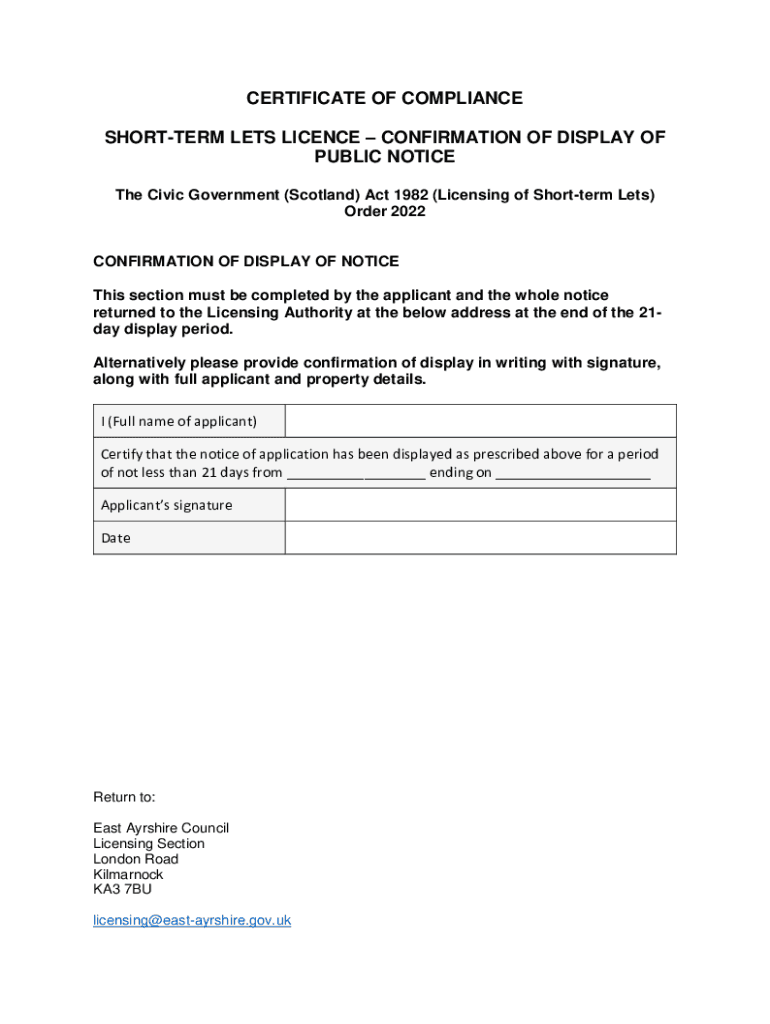 Fillable Online Shortterm lets licence certificate of compliance