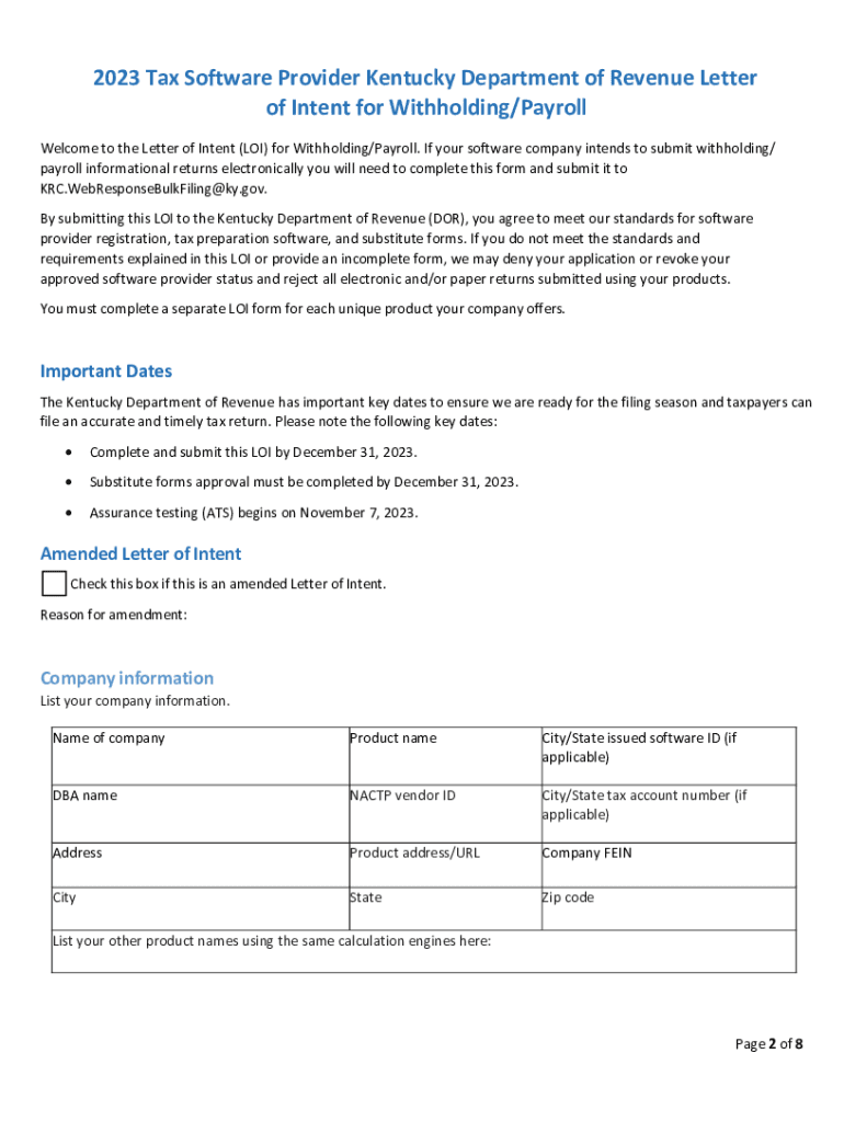 Fillable Online revenue ky Withholding/Payroll Service Provider Letter