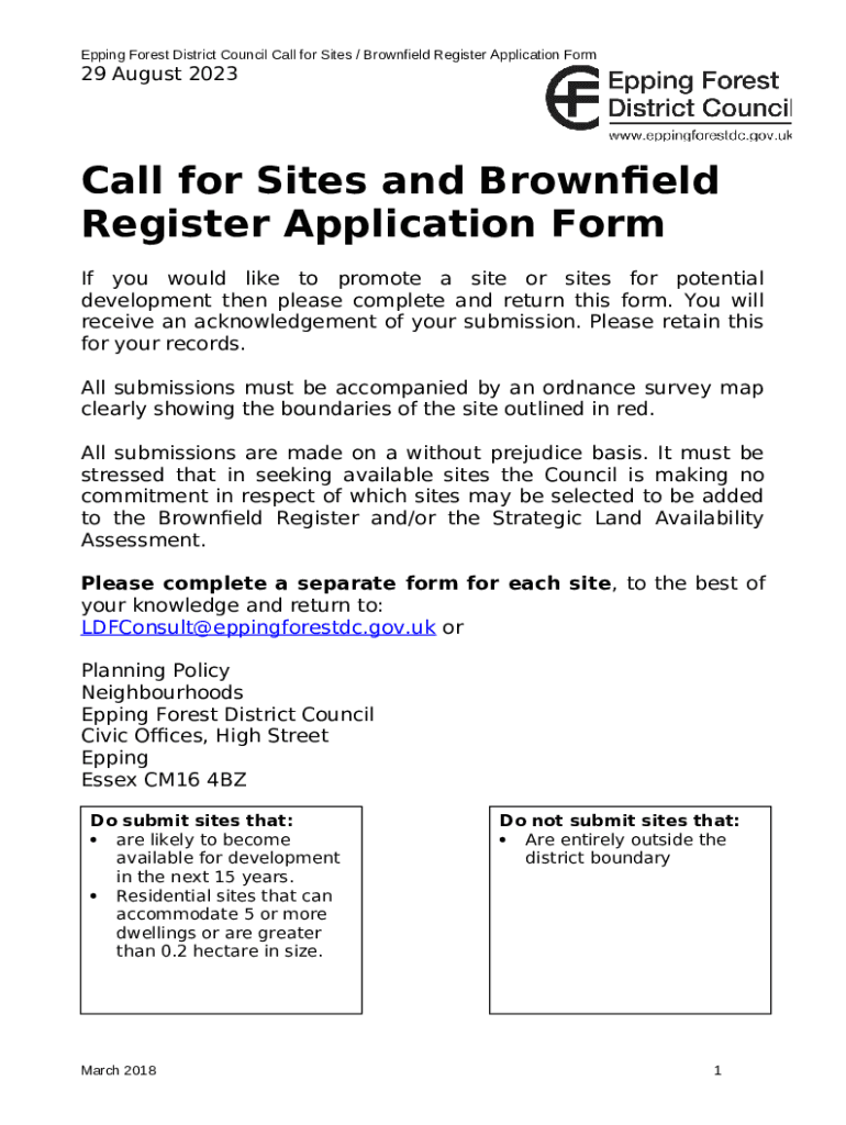 Call for Sites and Brownfield Register Application Doc Template pdfFiller