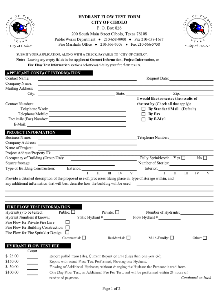 Fillable Online HYDRANT FLOW TEST FORM CITY OF CIBOLO P. O. Box 826 200