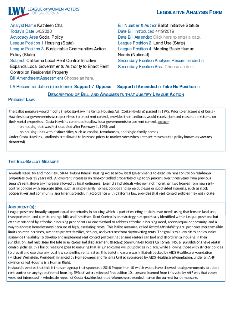 Fillable Online Ballot Measure Rent Control 2020 Legislative Analysis