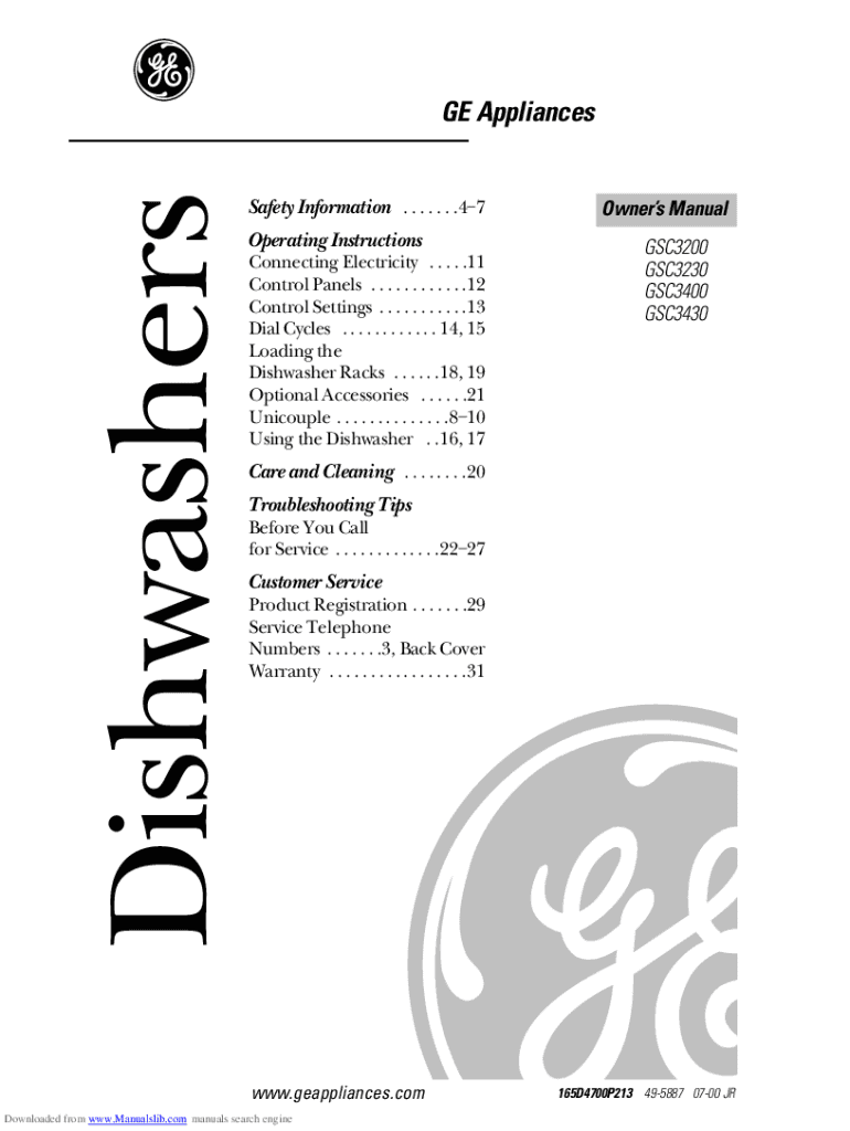 Fillable Online GE APPLIANCES GSD2100VBB BuiltIn Dishwasher Fax