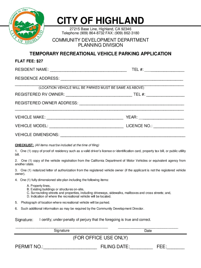 Fillable Online Temporary Recreational Vehicle RV Parking Application