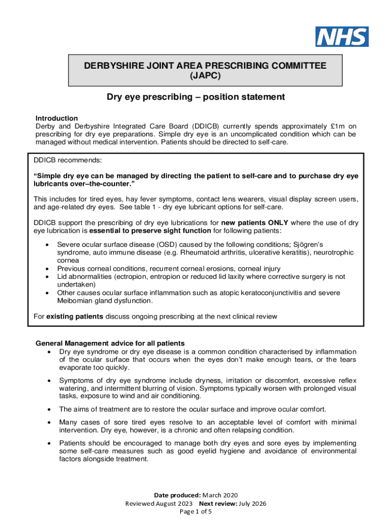 Fillable Online Dry eye prescribing position statement DERBYSHIRE JOINT