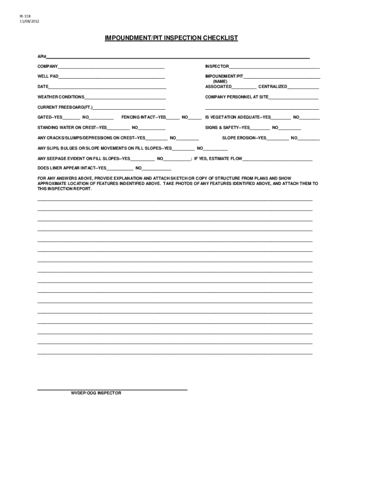 Fillable Online dep wv DEP OOG Impoundment Pit Inspection Checklist.xlsx Fax Email Print pdfFiller