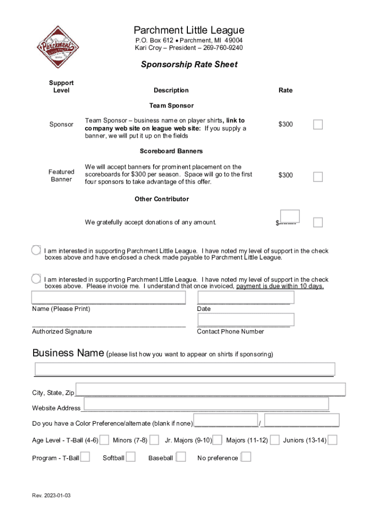 Fillable Online Parchment Little League Sponsorship Rate Sheet Fax