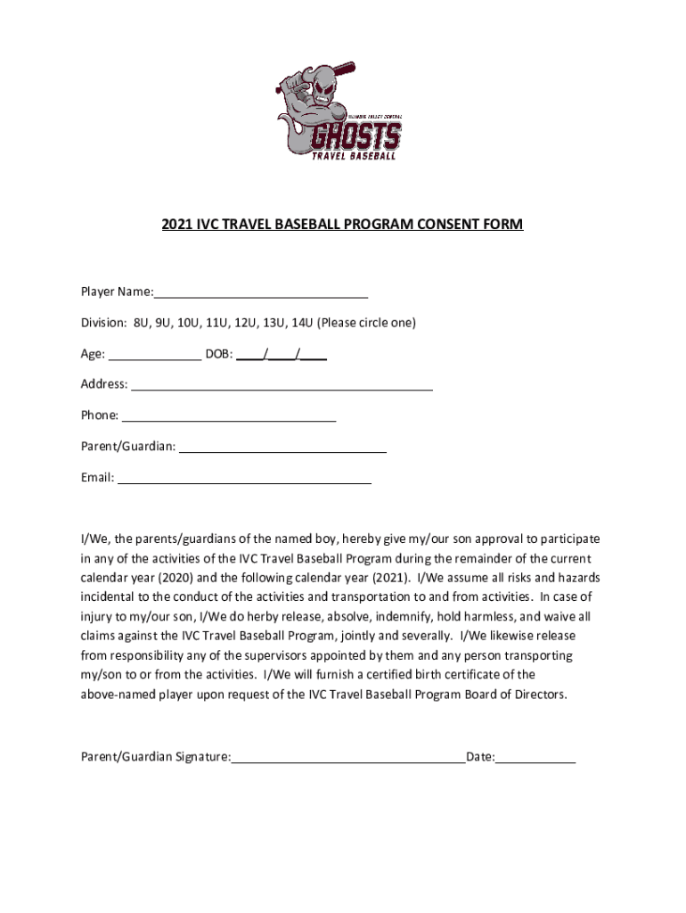Fillable Online 2021 IVC TRAVEL BASEBALL PROGRAM CONSENT FORM Fax Email