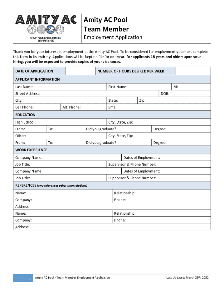 Fillable Online Amity AC Pool Team Member Employment Application. Rules Fax Email Print