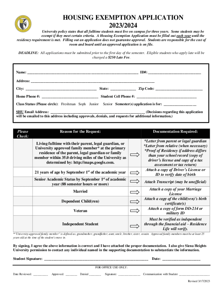 Fillable Online HOUSING EXEMPTION APPLICATION 2023/2024 Fax Email Print