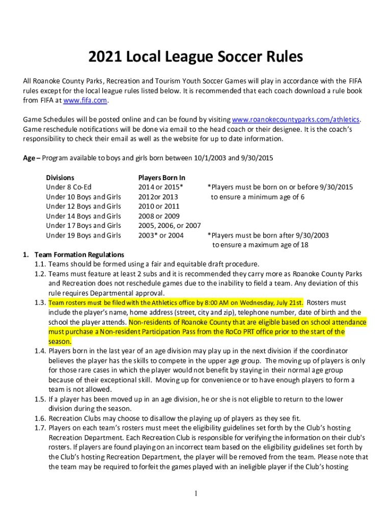 Fillable Online YOUTH SOCCER RULES AND REGULATIONS Fax