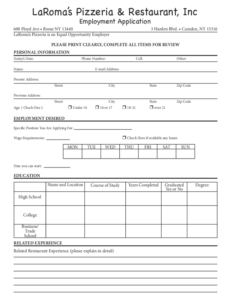 Fillable Online Pizza, Pasta, Catering, Rome NY, Camden NYLaroma