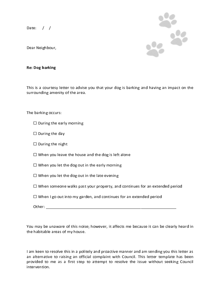 Fillable Online Dog barking This is a courtesy letter to advise you that your Fax Email