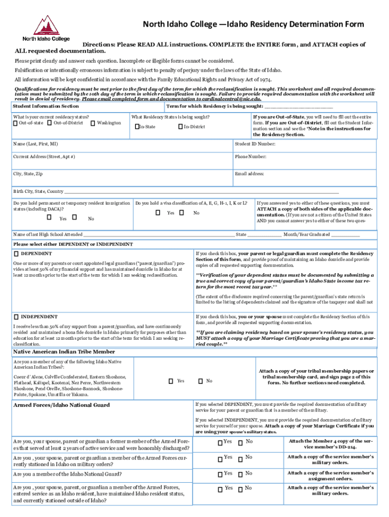 Fillable Online Idaho Residency Determina on Form Fax Email Print