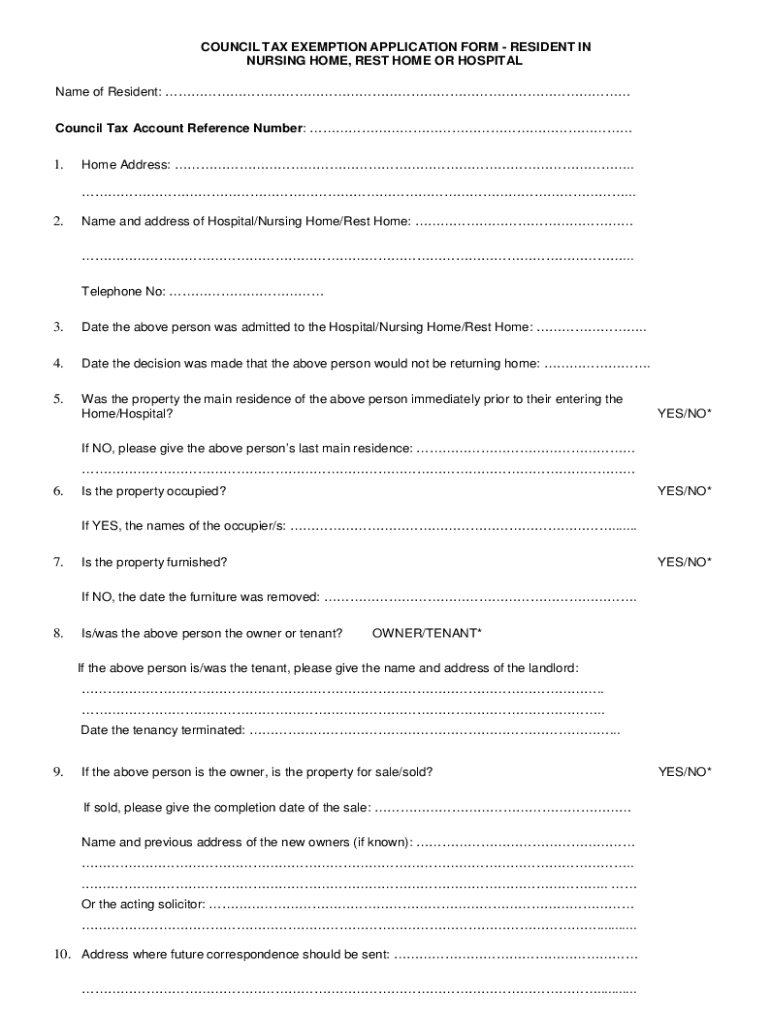 Fillable Online council tax exemption application form resident in