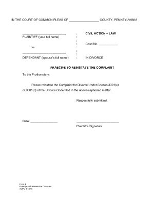 Fillable Online LYCOMING COUNTY DIVORCE UNDER 3301(C)(1) OR ( ... Fax ...
