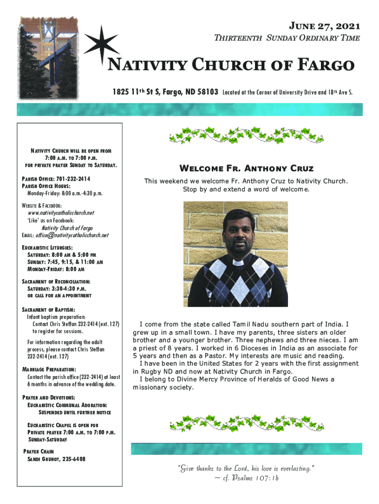Fillable Online Church of the Nativity Mass Times Fargo, North Dakota