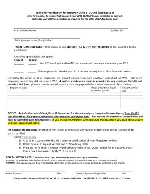 Fillable Online Non-Filer Verification for INDEPENDENT STUDENT (and ...