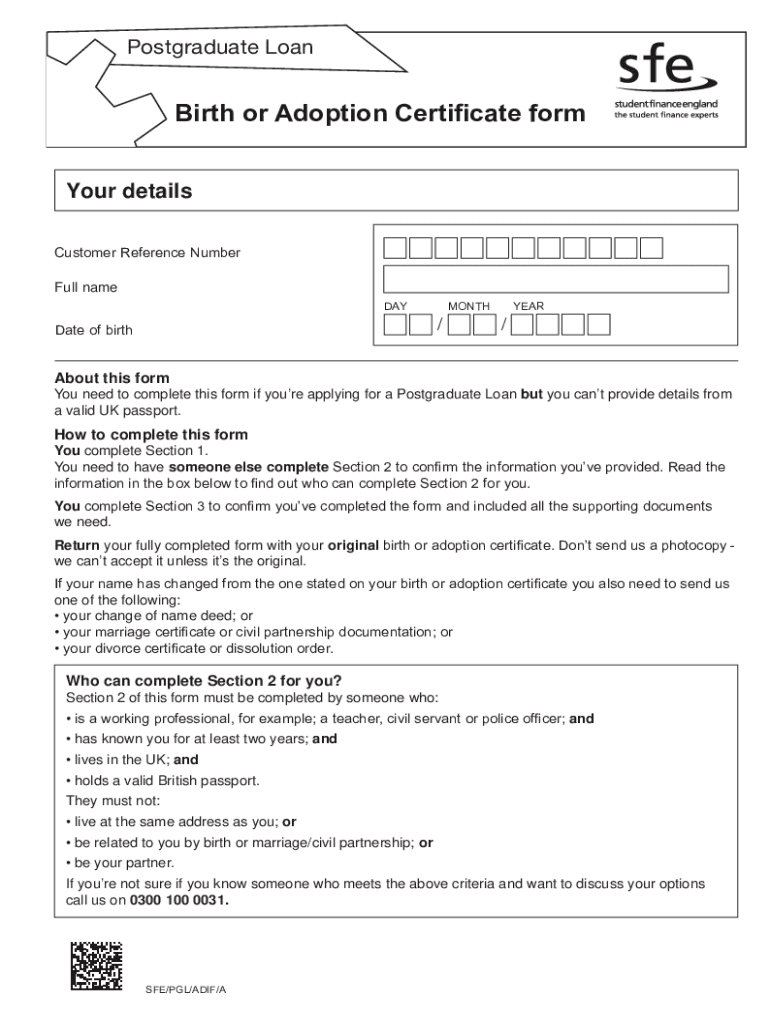 Fillable Online Postgraduate Loan - Birth or Adoption Certificate form ...