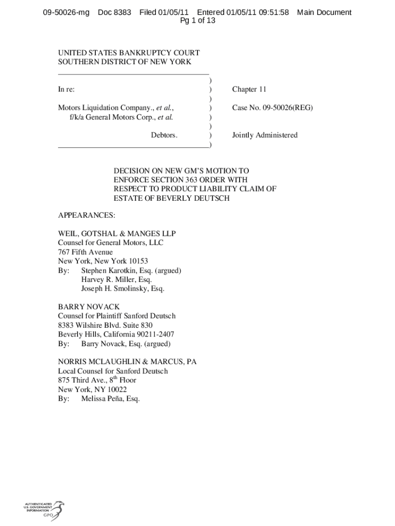 Fillable Online In re Motors Liquidation Co., Case No. 0950026 REG
