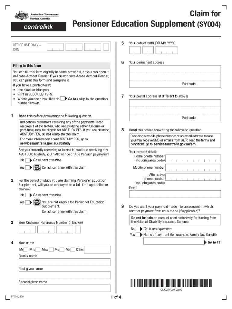 Pensioner Education Supplement Claim Form Preview on Page 1