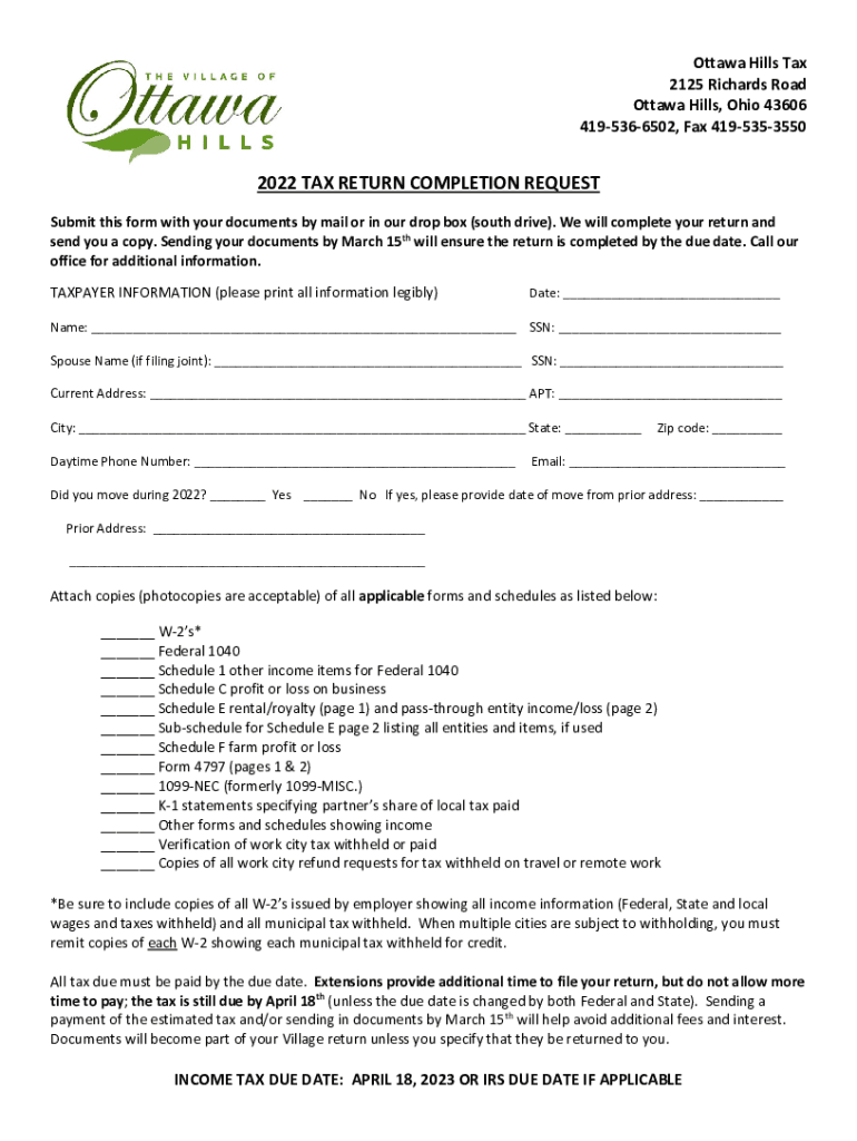 Fillable Online OTTAWA HILLS TAX General Information Fax Email