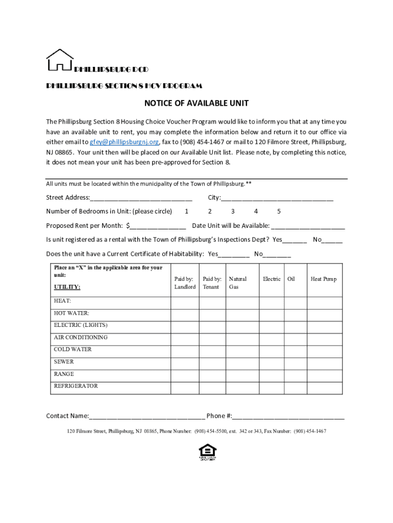 Fillable Online the phillipsburg section 8 housing choice voucher