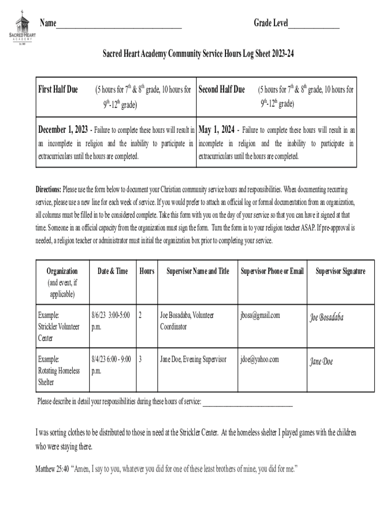 Fillable Online academy sha 202122 Community Service Form Sacred