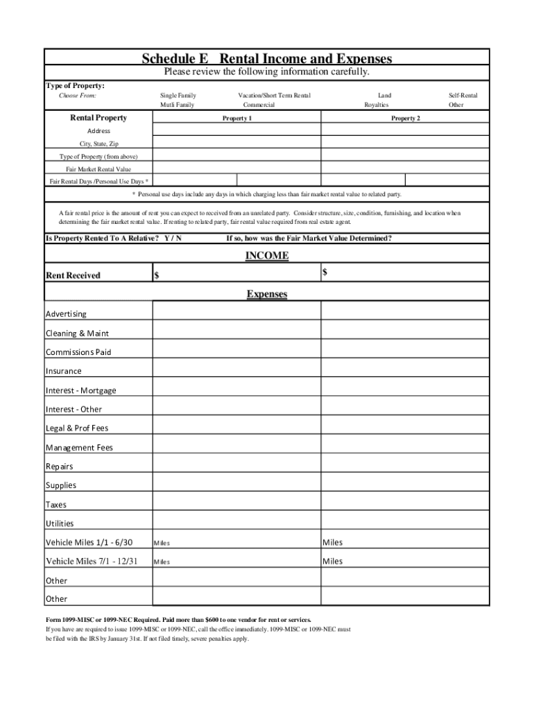 Fillable Online Schedule E Rental Income And Expenses Baumann Tax